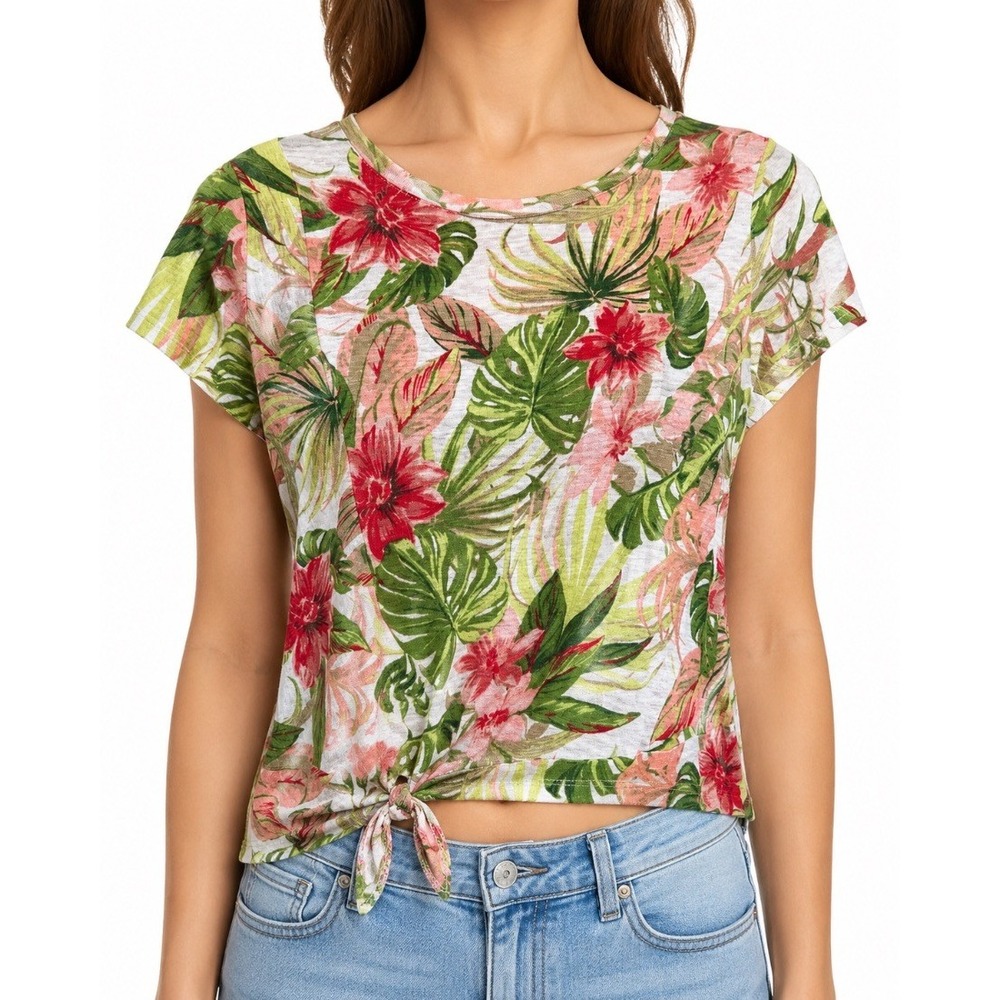 J Jill Love Linen Womens Tropical Floral Tie Hem Tee Top White Pink XS